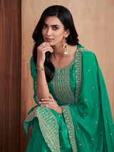 Green printed straight cut silk wedding kurti set