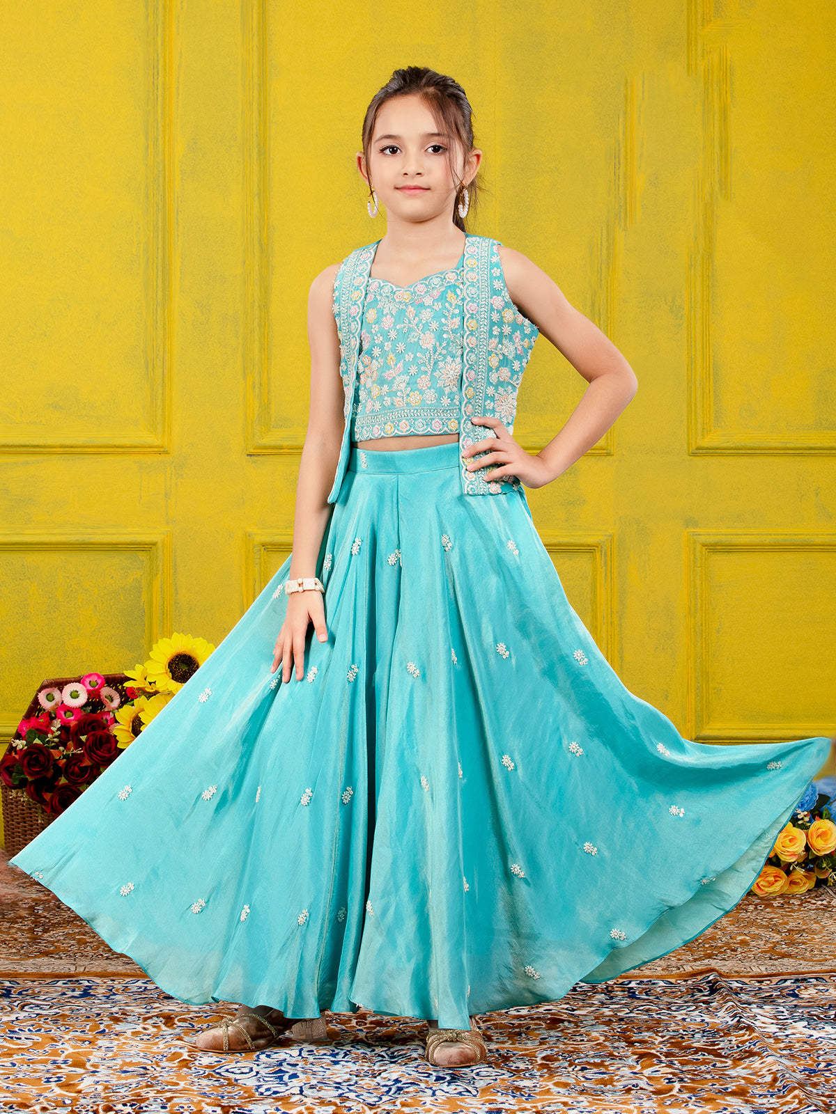 Sky blue satin silk jacket style palazzo suit