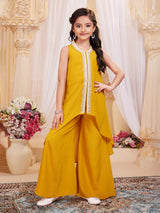 Mustard yellow silk mirror work palazzo suit