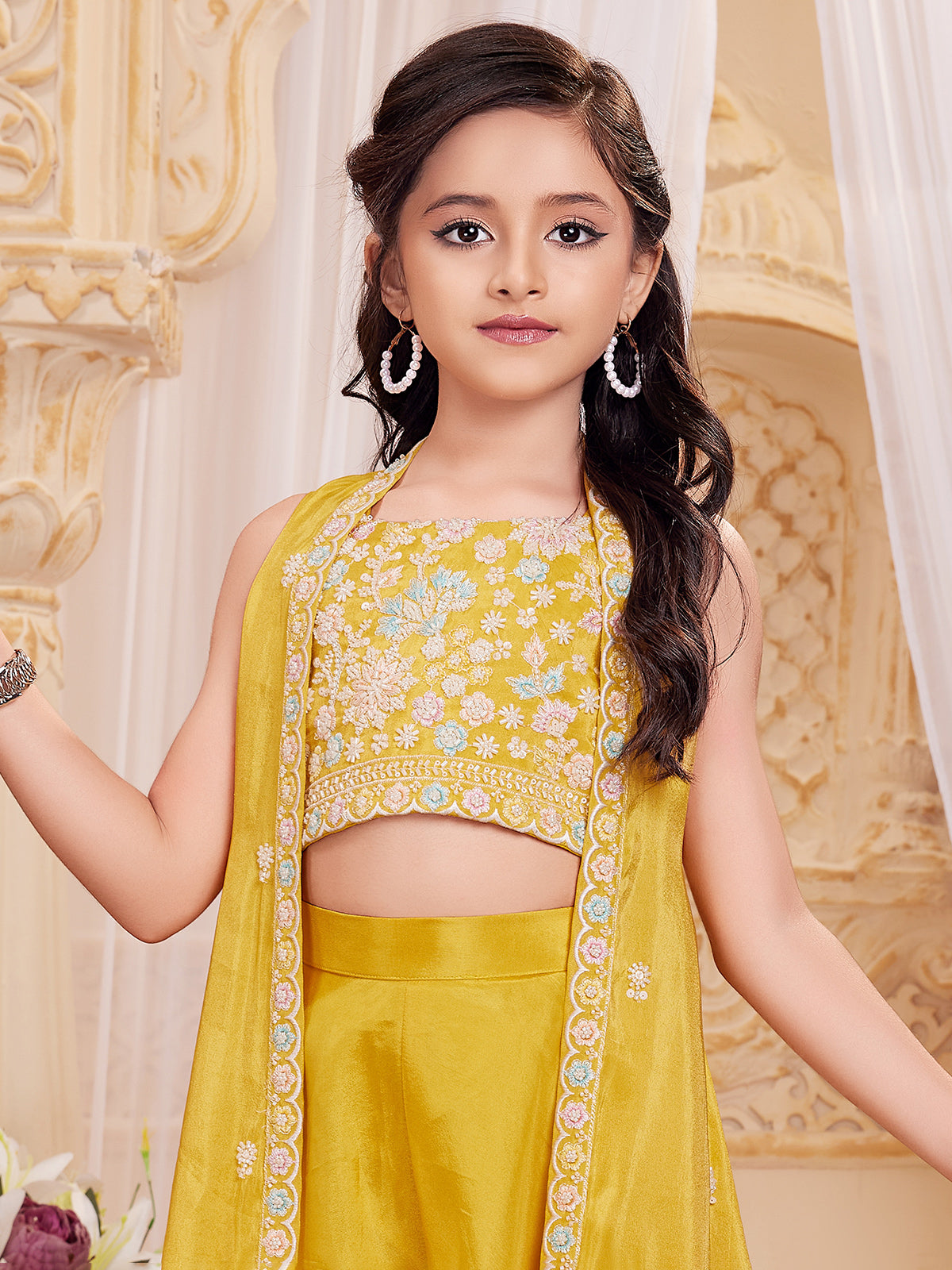 Mustard yellow satin silk jacket style palazzo suit for girl