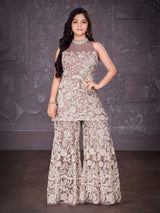 Onion pink net designer halter neck palazzo suit