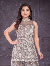 Dark grey net halter neck designer palazzo suit
