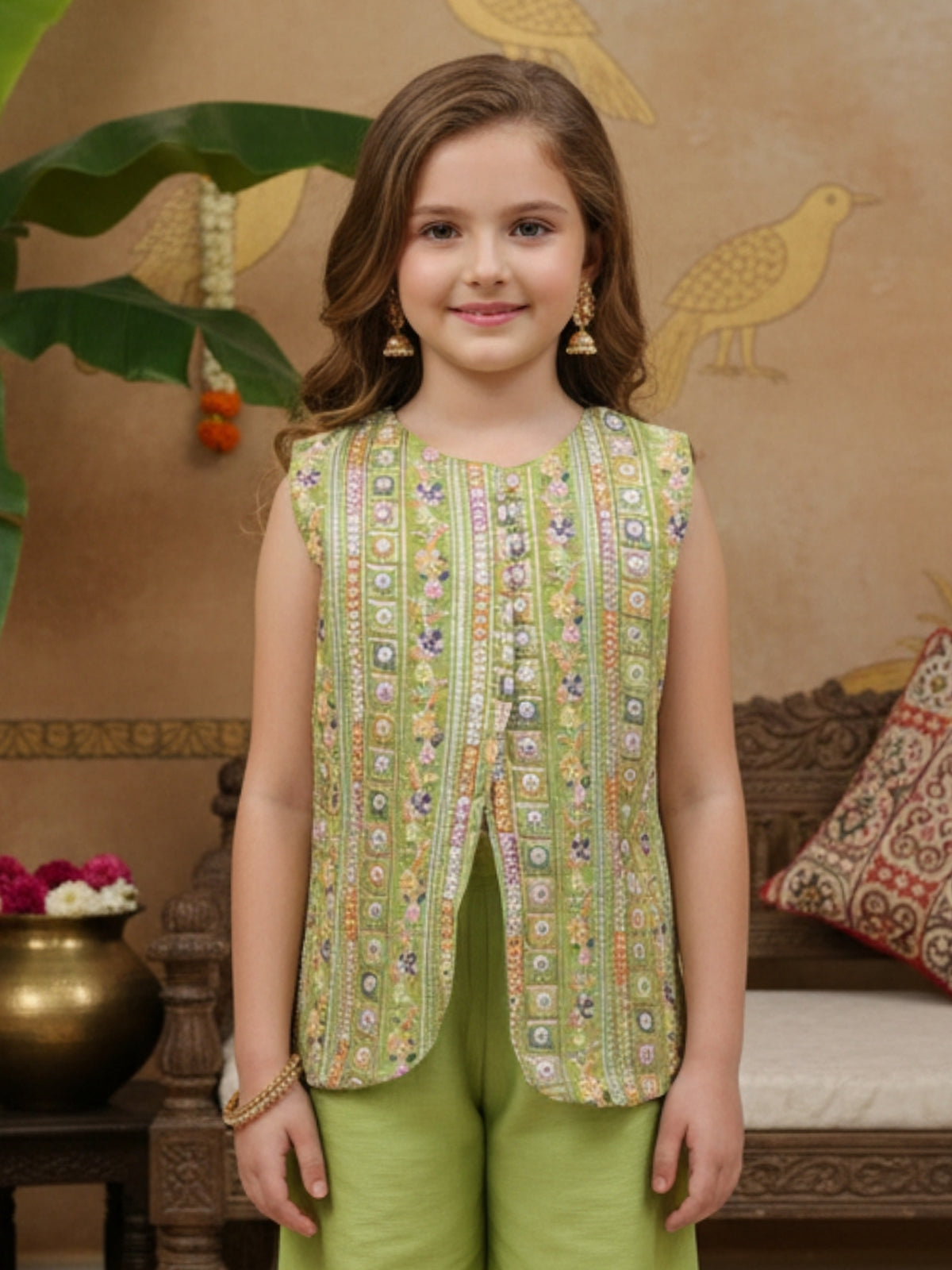 Mehendi green silk aabla work palazzo suit