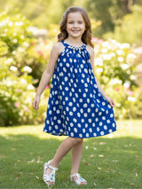 Blue printed silk pearl accented girls frock