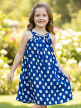 Blue printed silk pearl accented girls frock