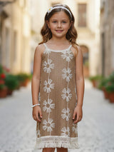 Beige knitted frock featuring fine thread work
