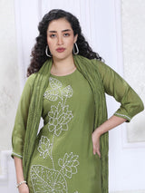 Mehendi green silk straight cut kurti set