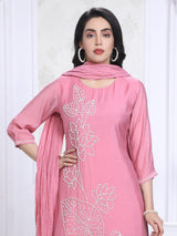 Pink silk straight cut festive wear kurti set