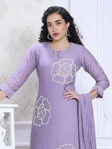 Purple silk keyhole neck embellished kurti set