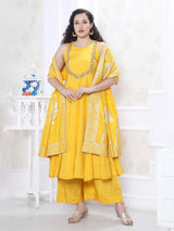 Yellow silk embellished kurti palazzo festive set
