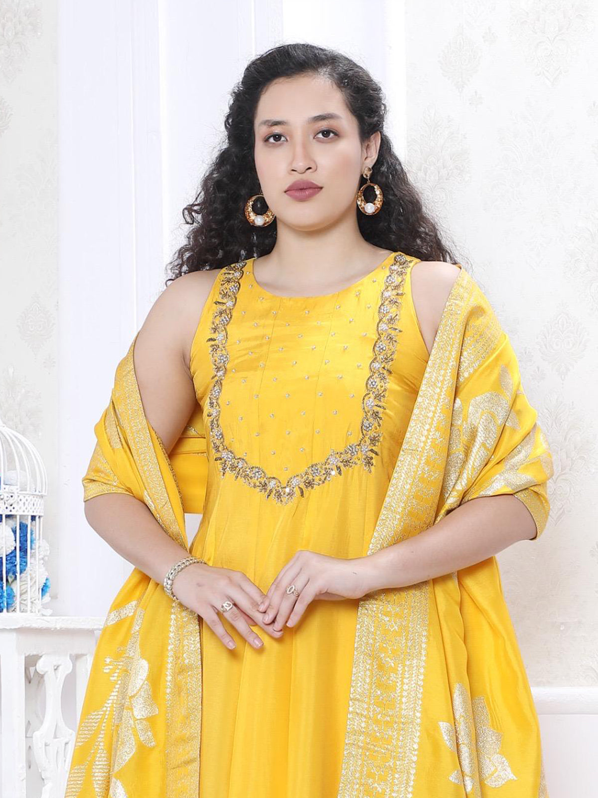 Yellow silk embellished kurti palazzo festive set
