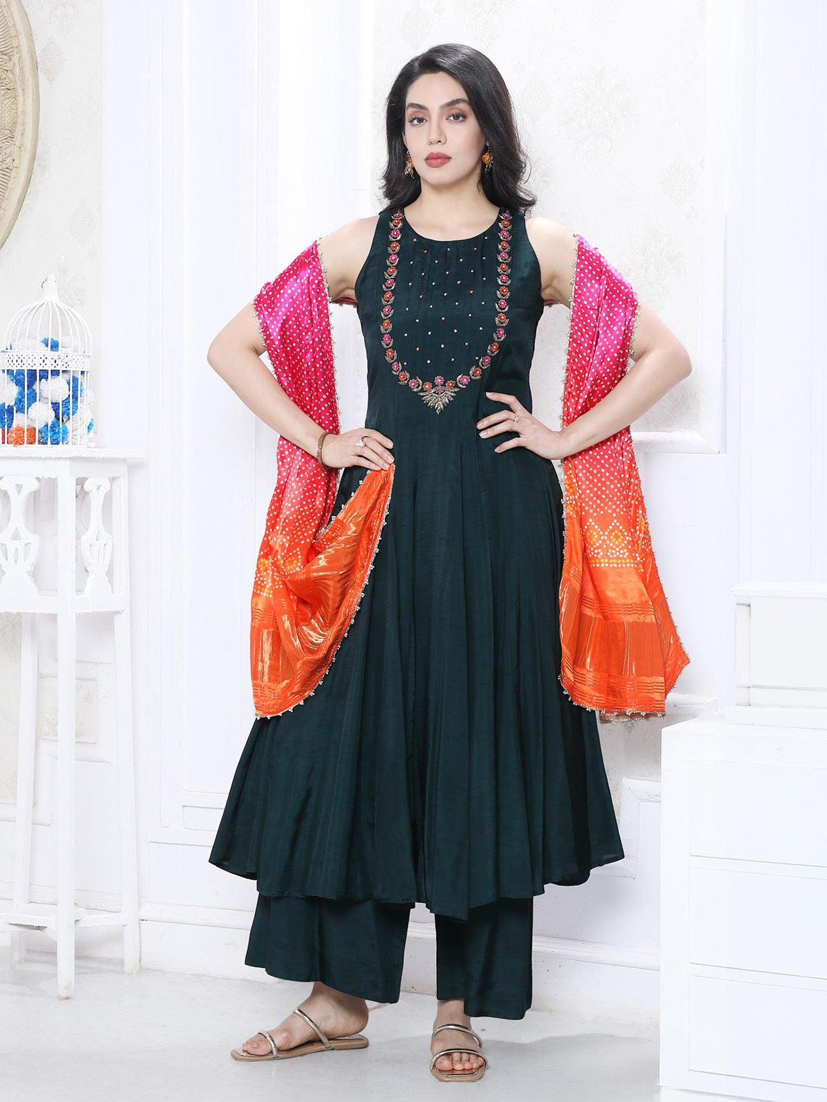 Bottle green silk embellished palazzo set