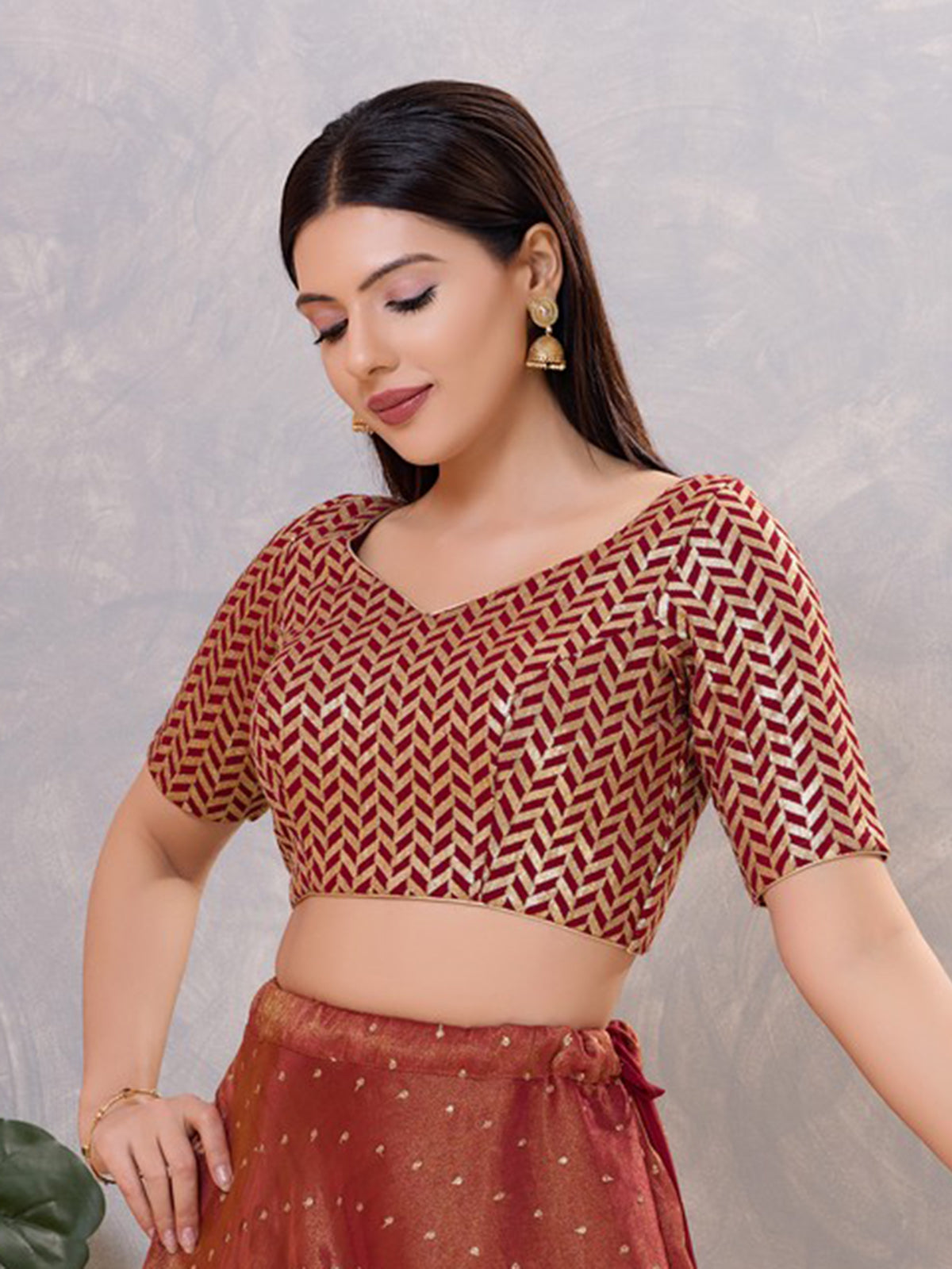 Maroon silk sequin work and sweetheart neck blouse