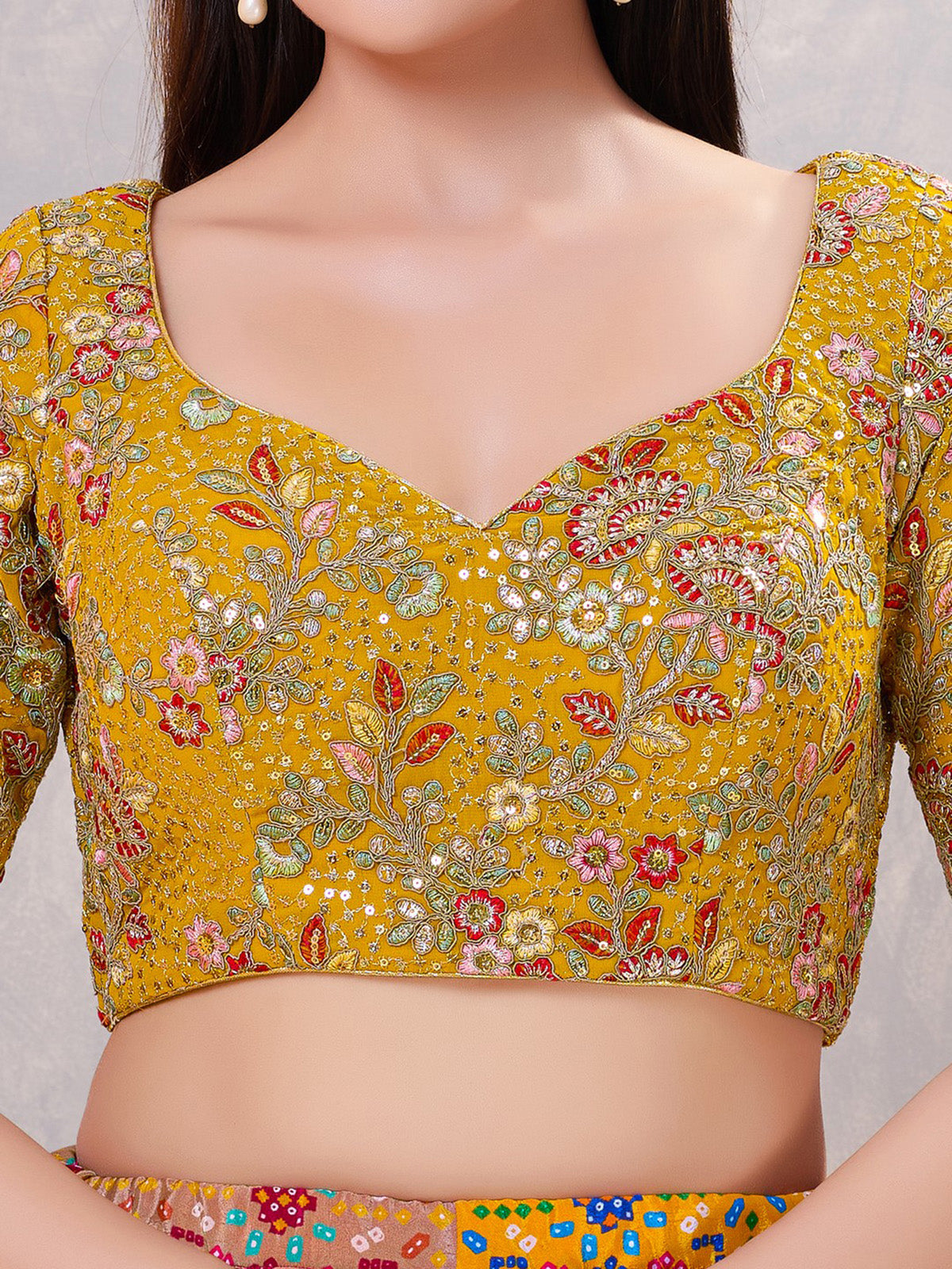 Mustard yellow silk embroidered work blouse