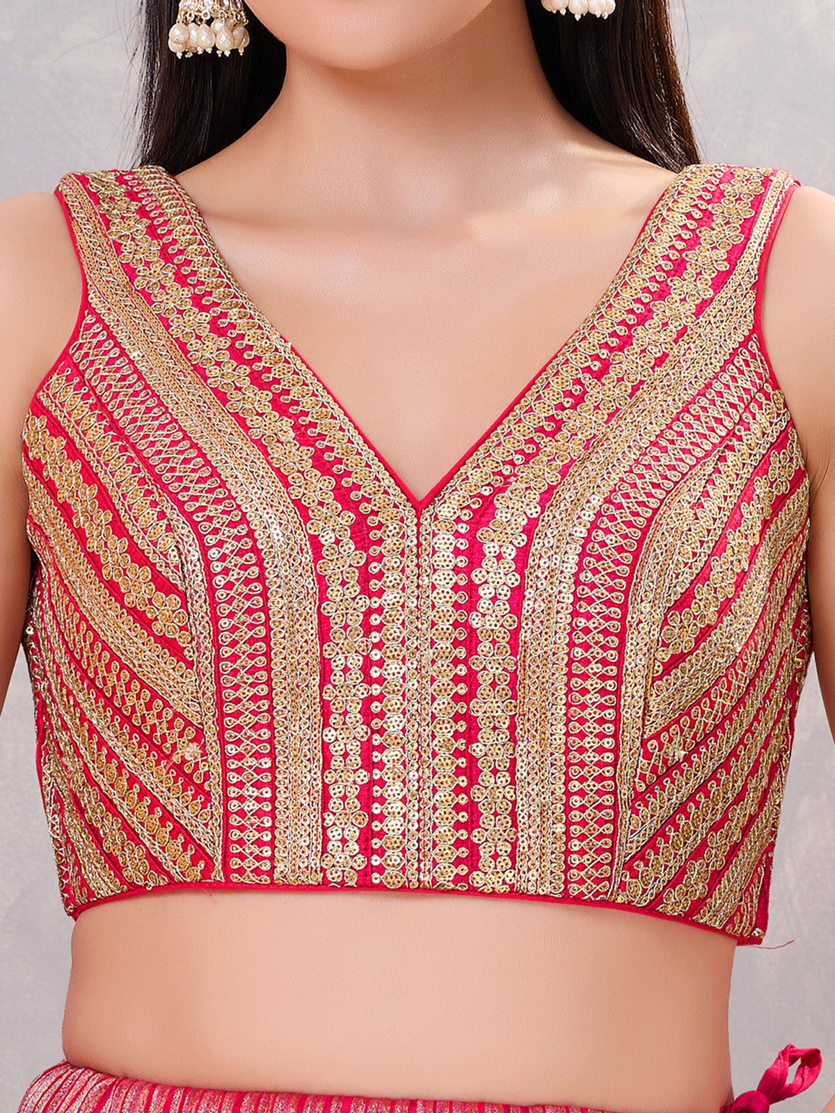 Dark pink sequin V neck back open blouse