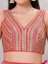 Dark pink sequin V neck back open blouse