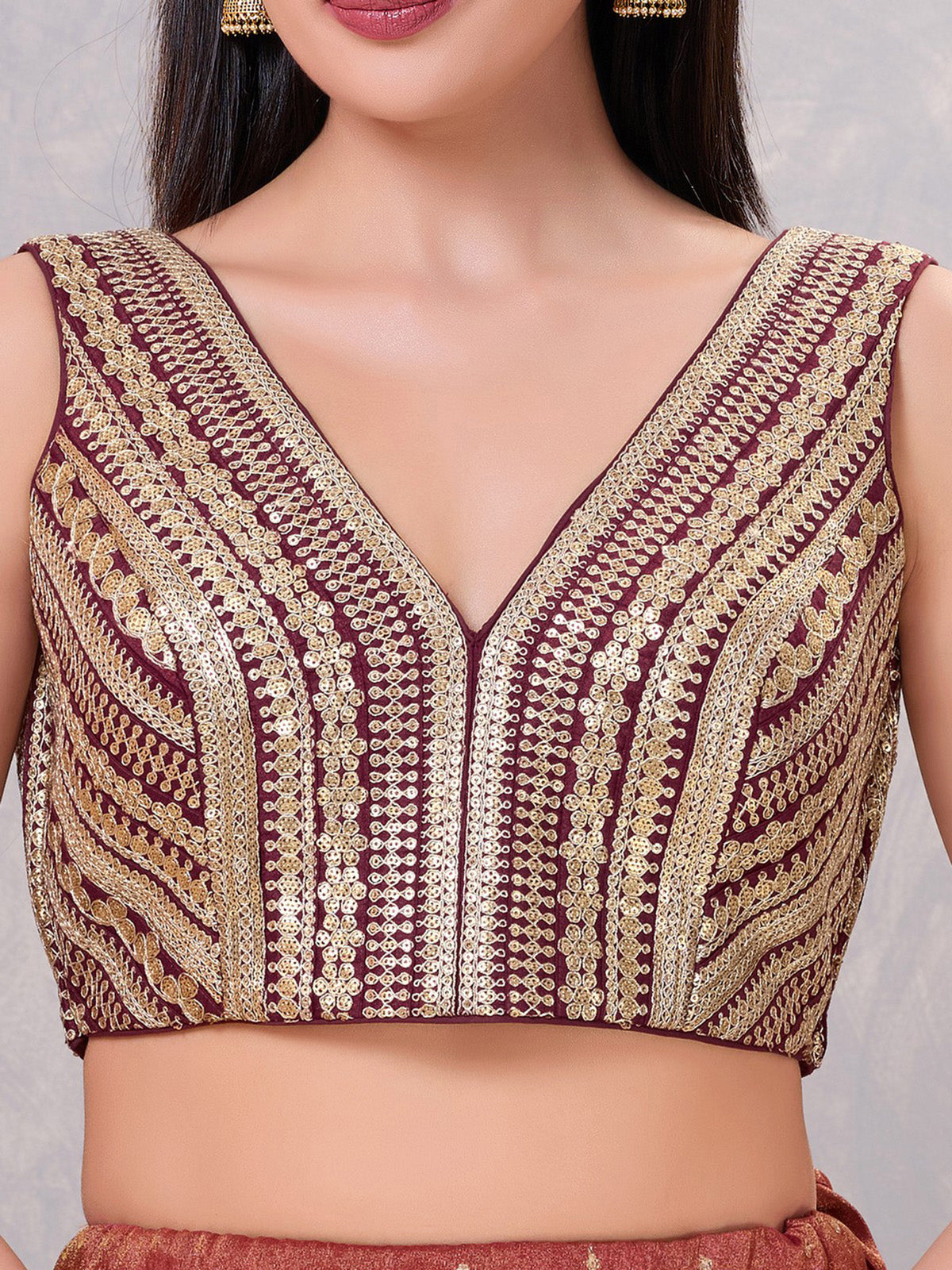 Wine sequin V neck back open blouse