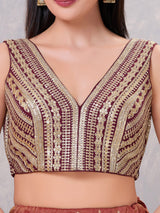 Wine sequin V neck back open blouse