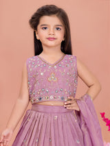 Lavender silk embroidered sleeveless lehenga choli with dupatta