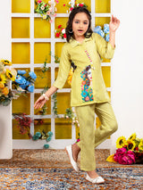 Mehendi olive printed linen girls co ord set