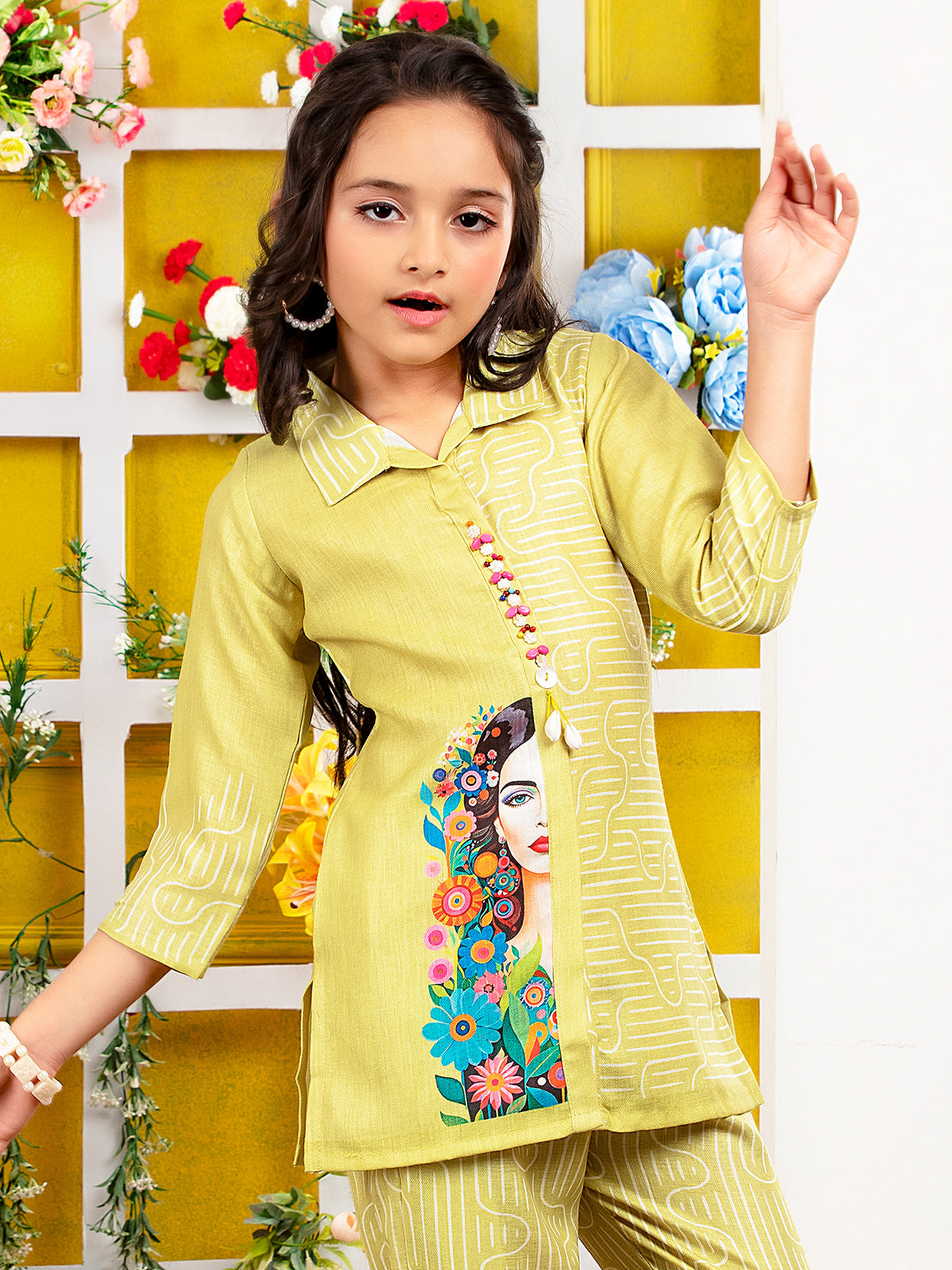 Mehendi olive printed linen girls co ord set