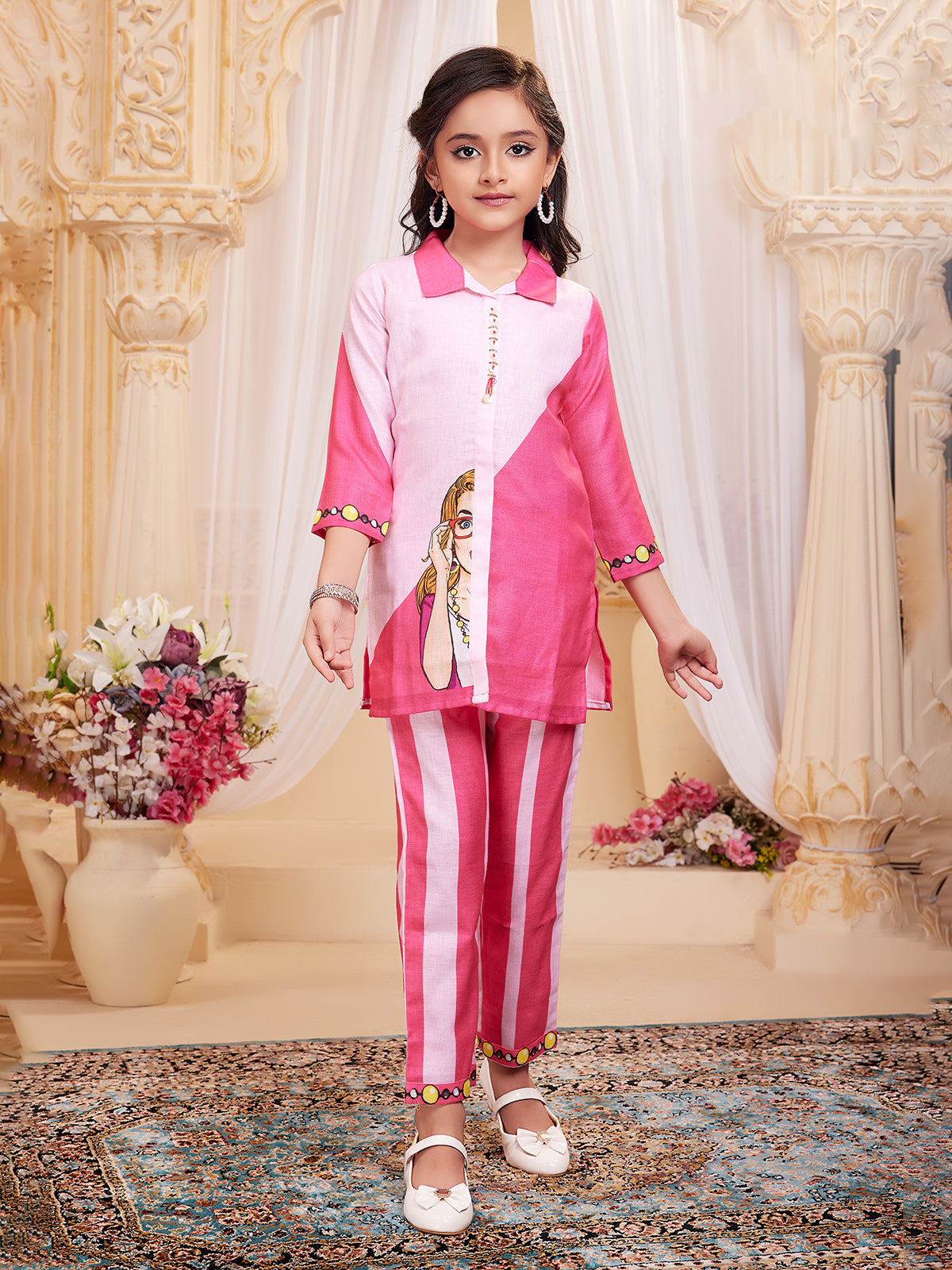 Rani pink printed cotton collar neck co ord set