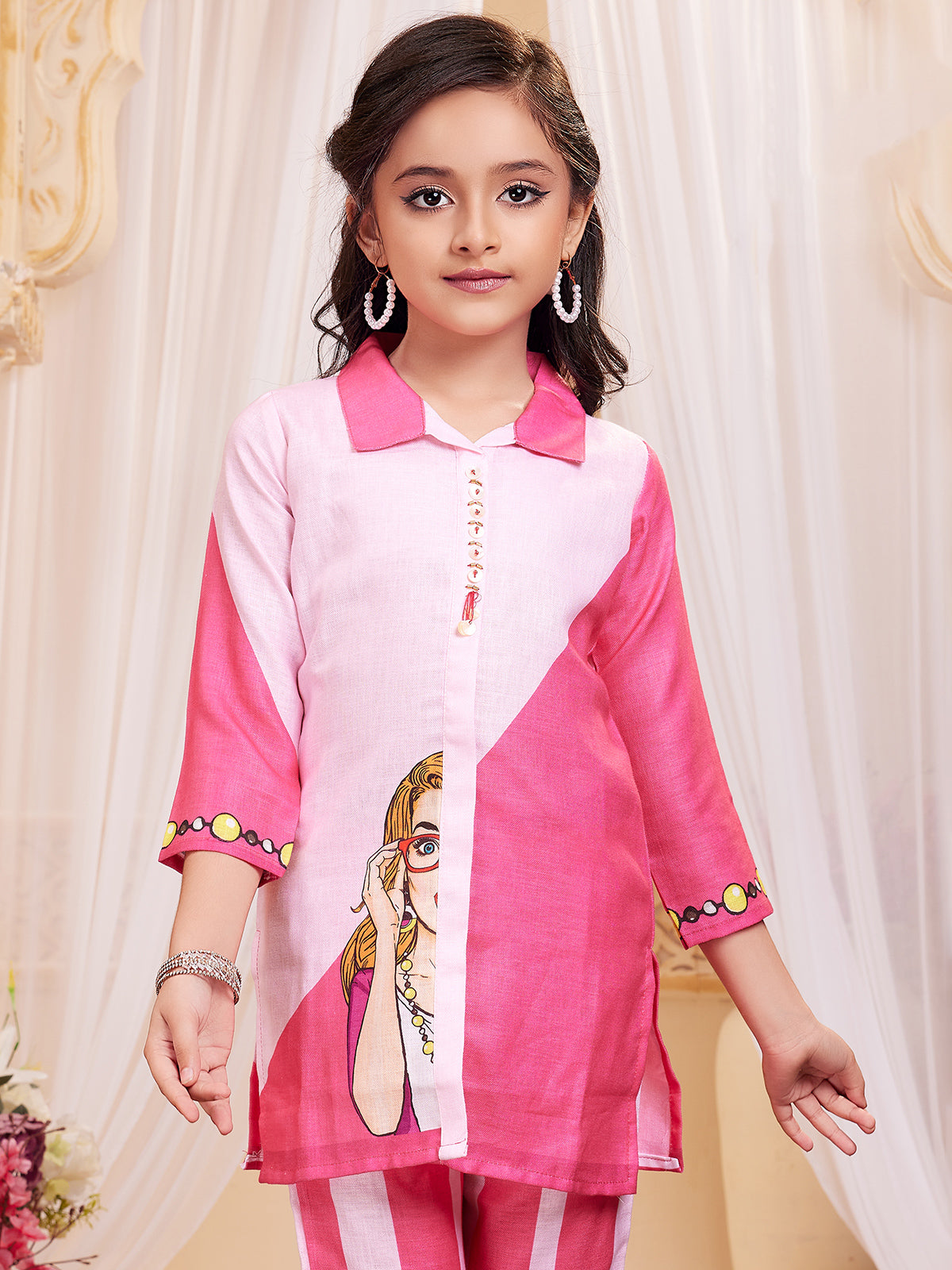 Rani pink printed cotton collar neck co ord set