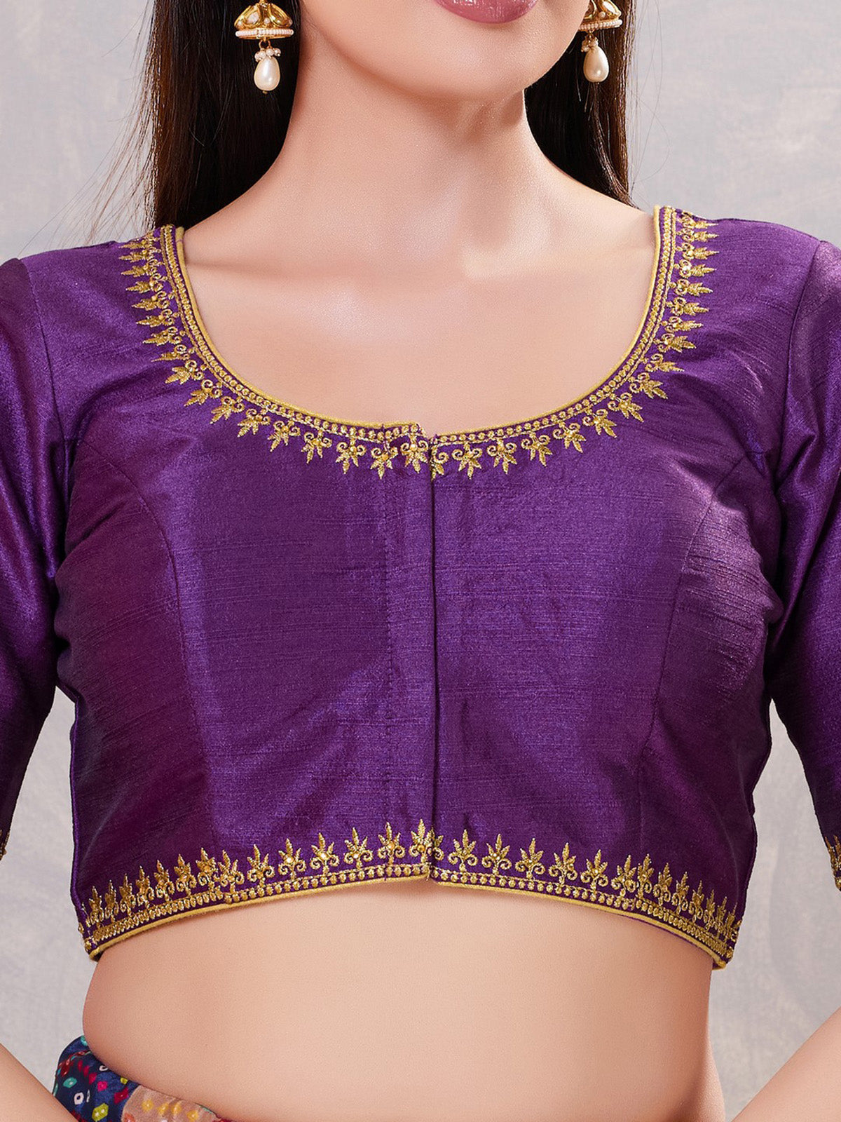 Dark purple silk resham and stone work round neck blouse