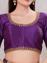 Dark purple silk resham and stone work round neck blouse
