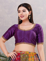 Dark purple silk resham and stone work round neck blouse