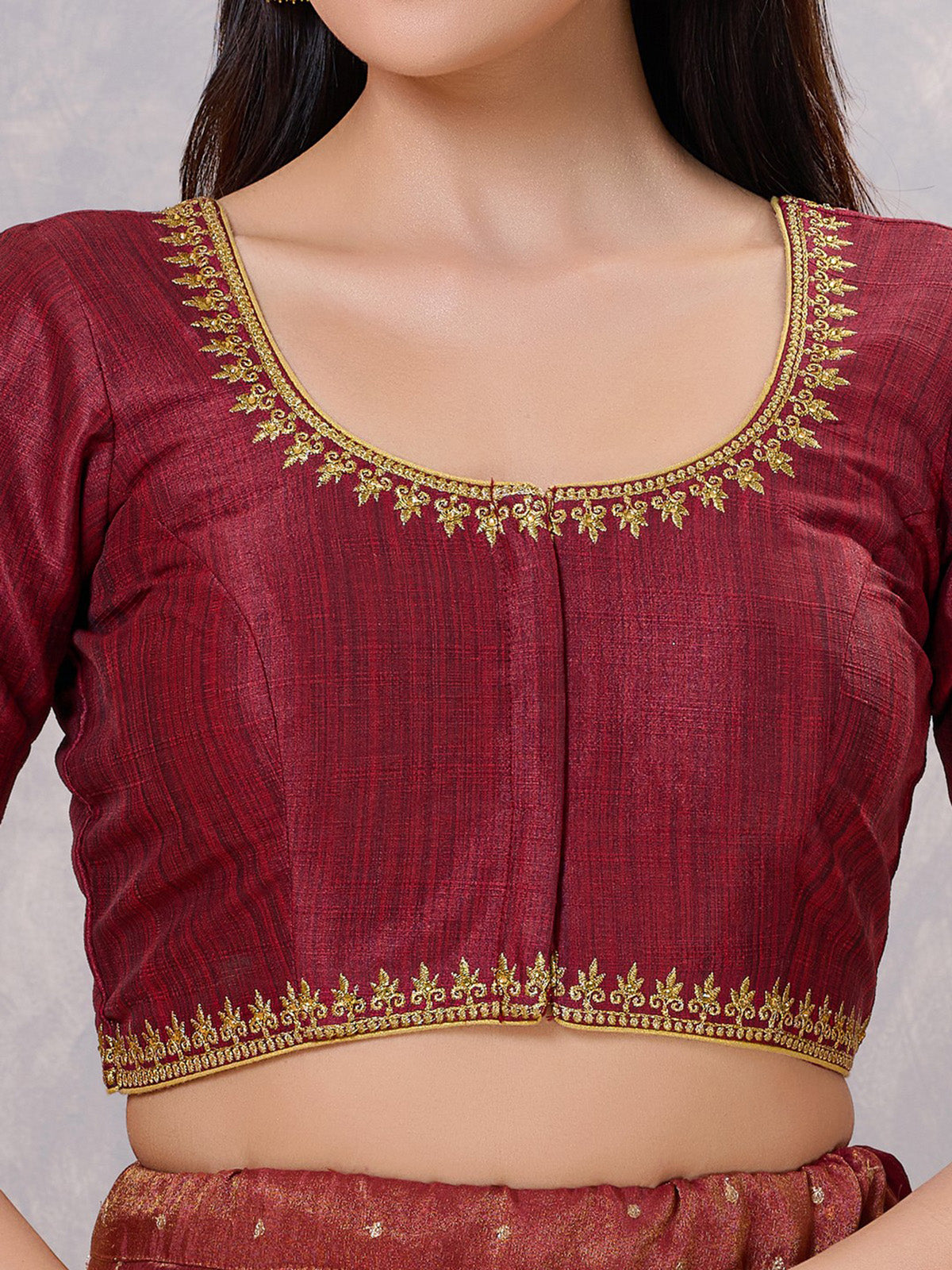 Maroon silk resham work and front open blouse
