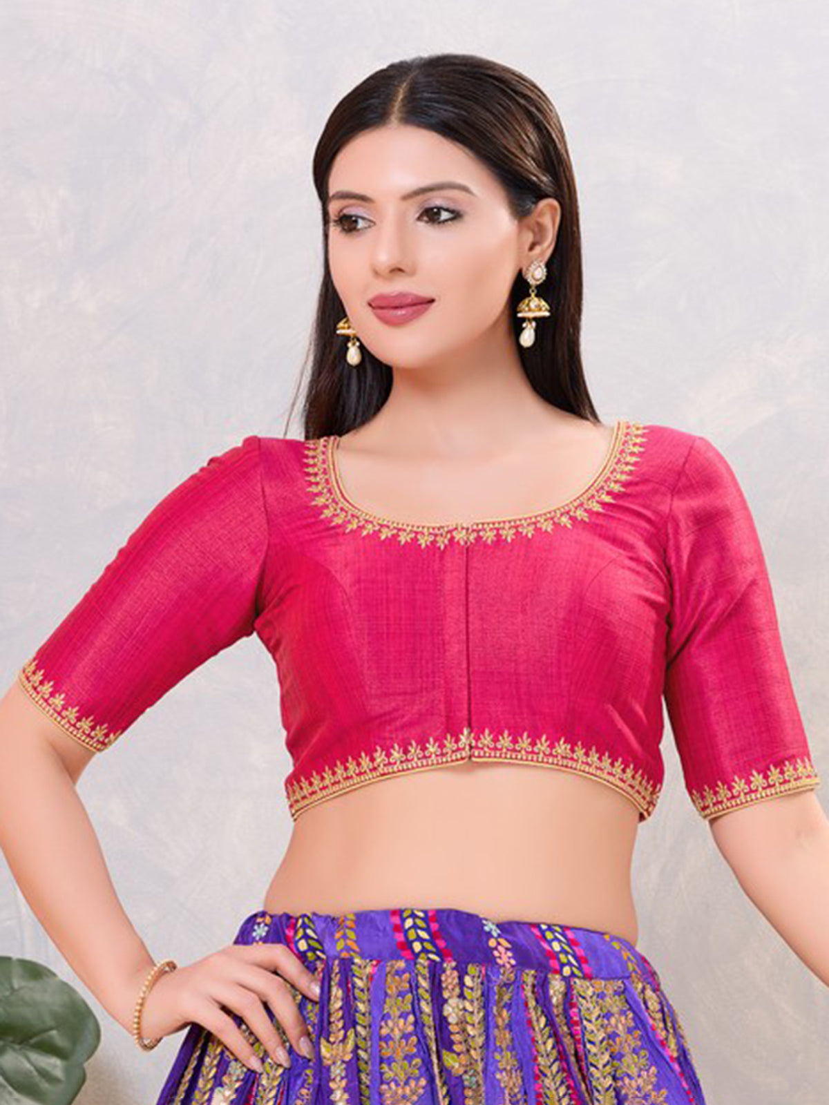 Deep pink silk resham and stone weaving blouse