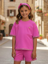 Magenta plain cotton lycra casual girls co ord set