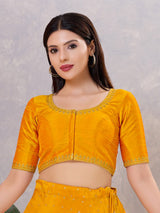 Mustard yellow silk resham and stone work blouse