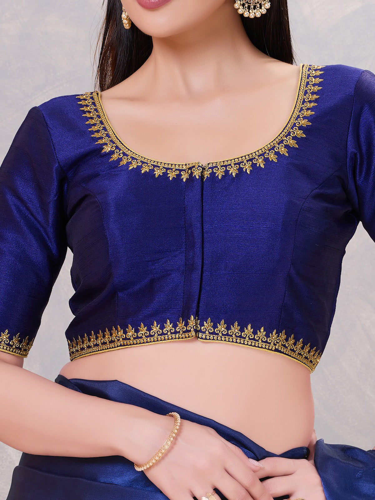 Royal blue silk resham and stone front open blouse