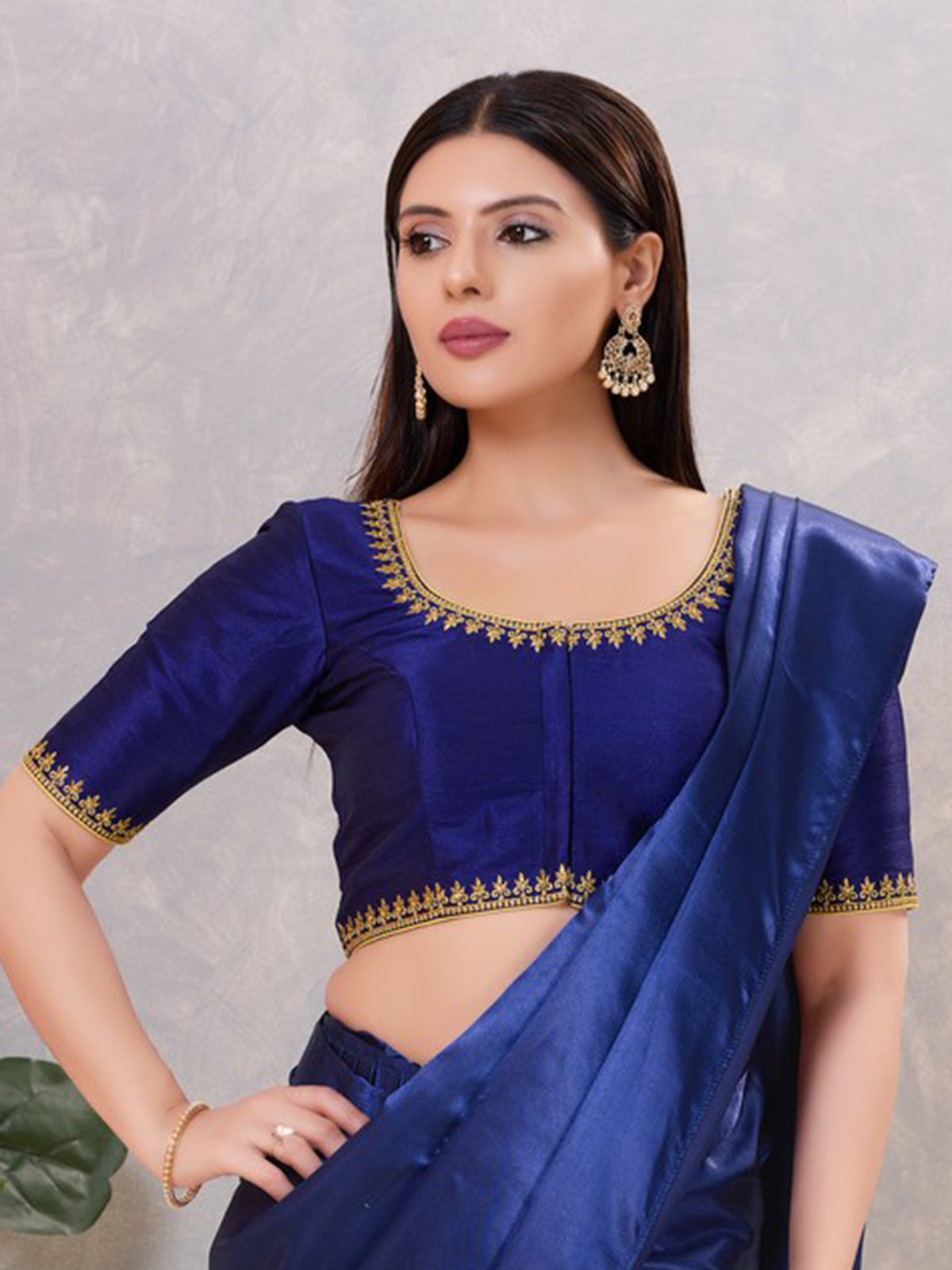 Royal blue silk resham and stone front open blouse