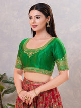 Green silk embroidery and sequin back open blouse