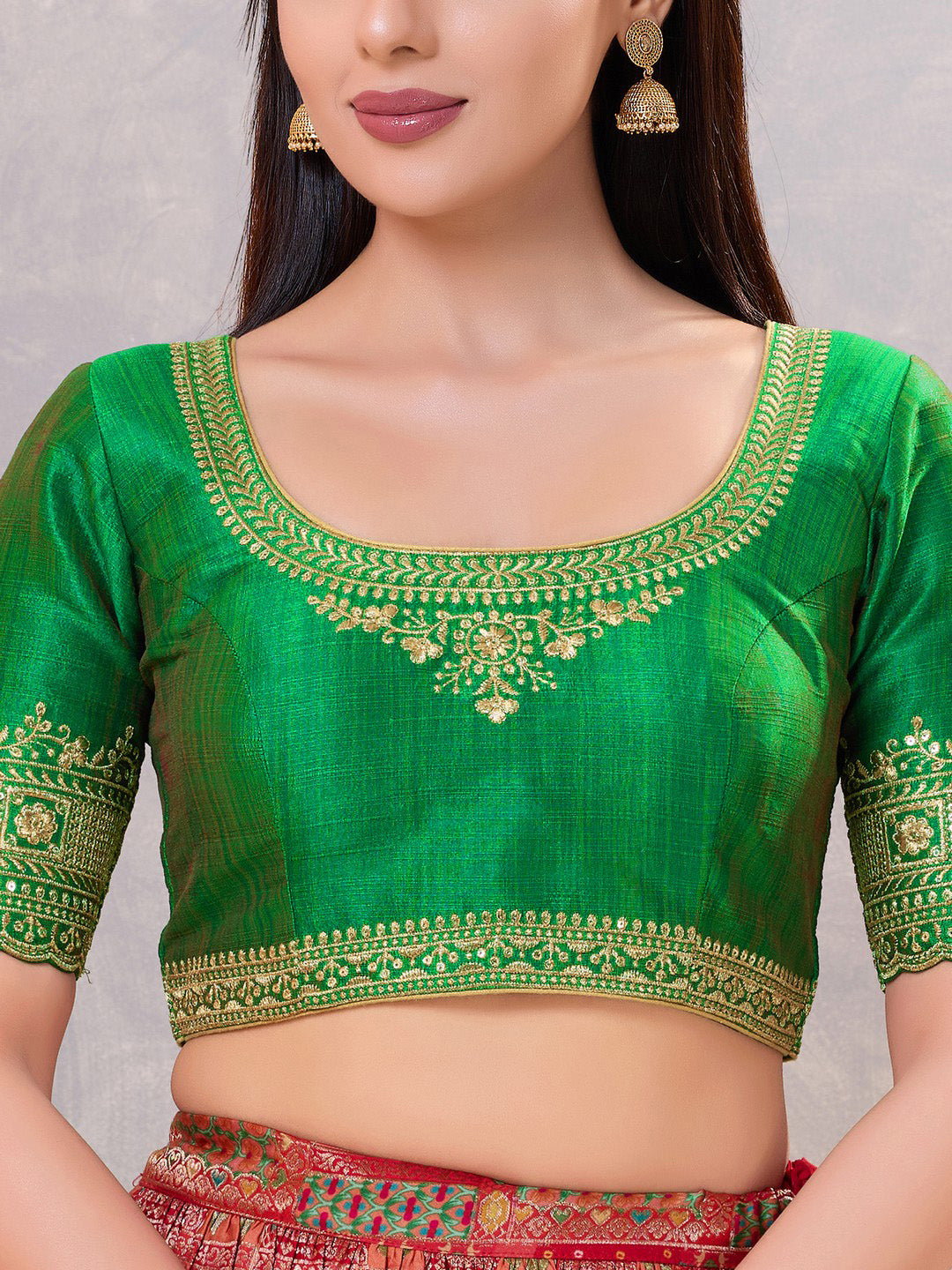 Green silk embroidery and sequin back open blouse