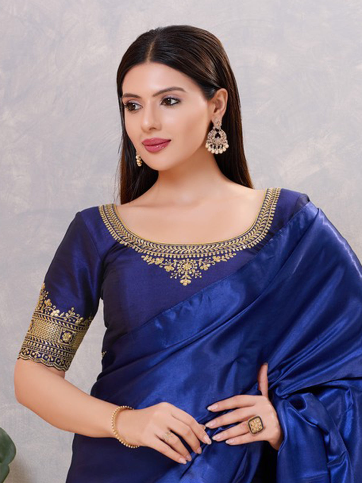 Navy silk embroidered work back open blouse