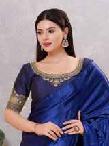 Navy silk embroidered work back open blouse