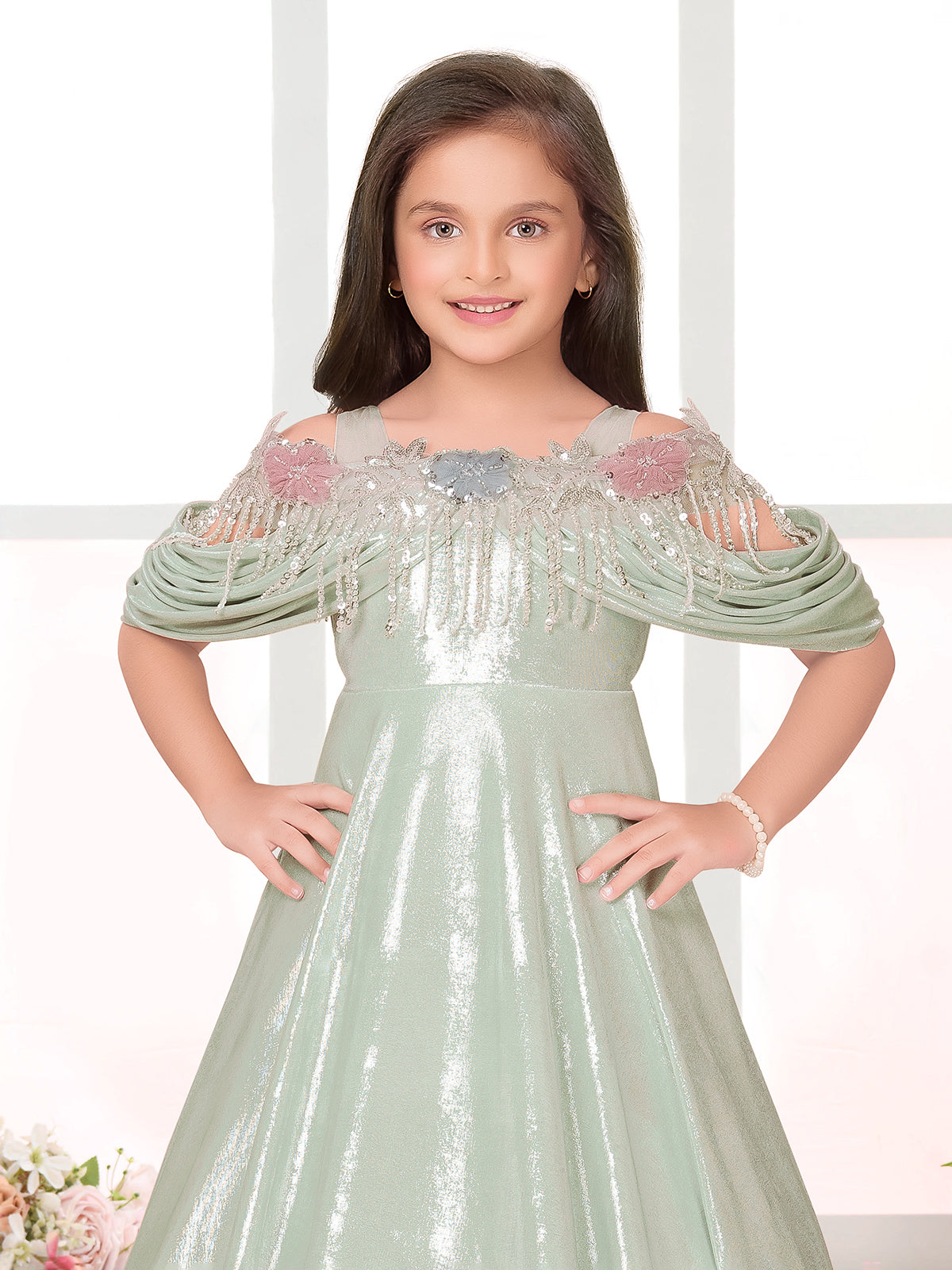 Pista green designer floor length embellished girls gown