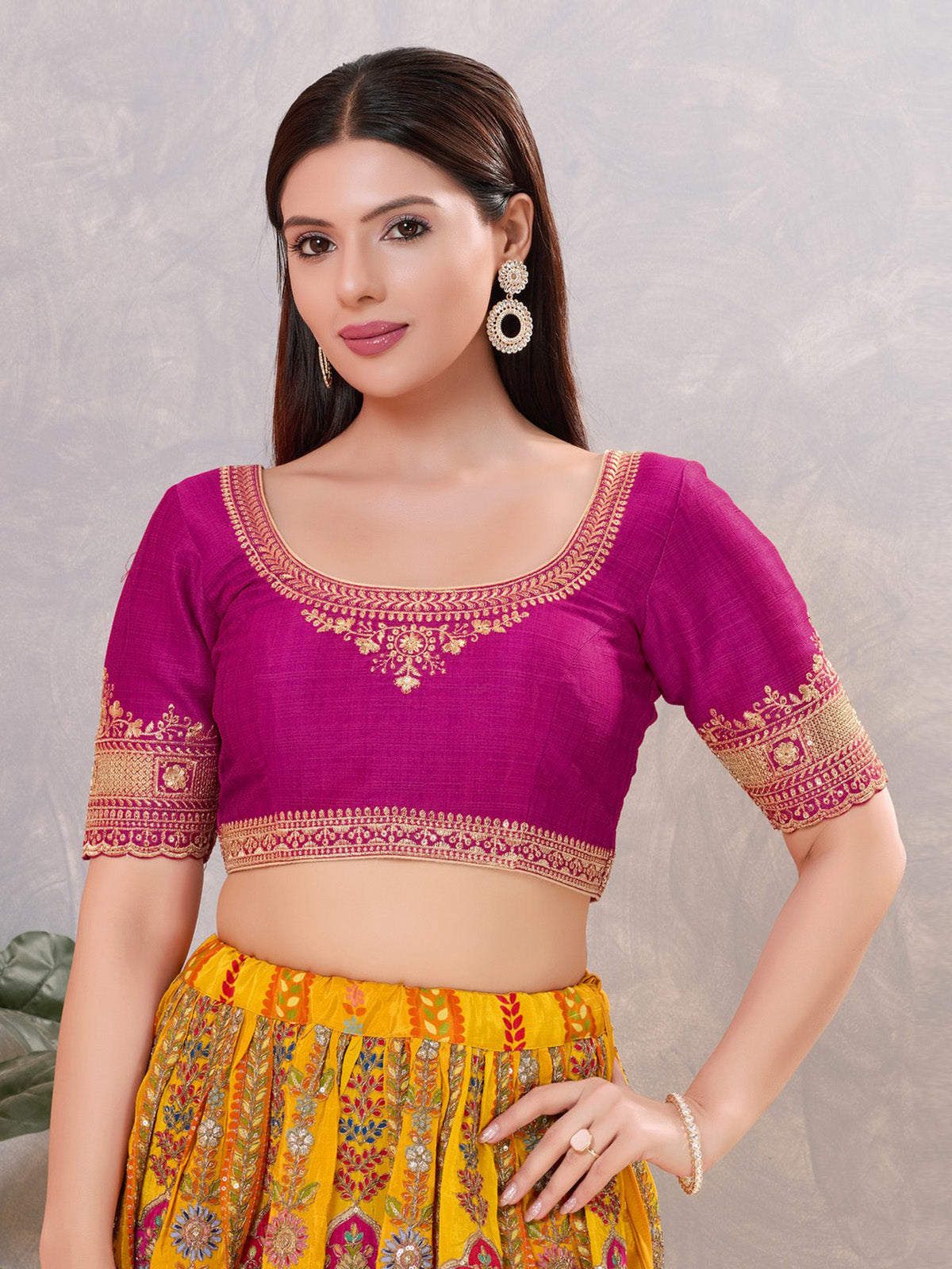 Purple silk embroidered work round neck blouse