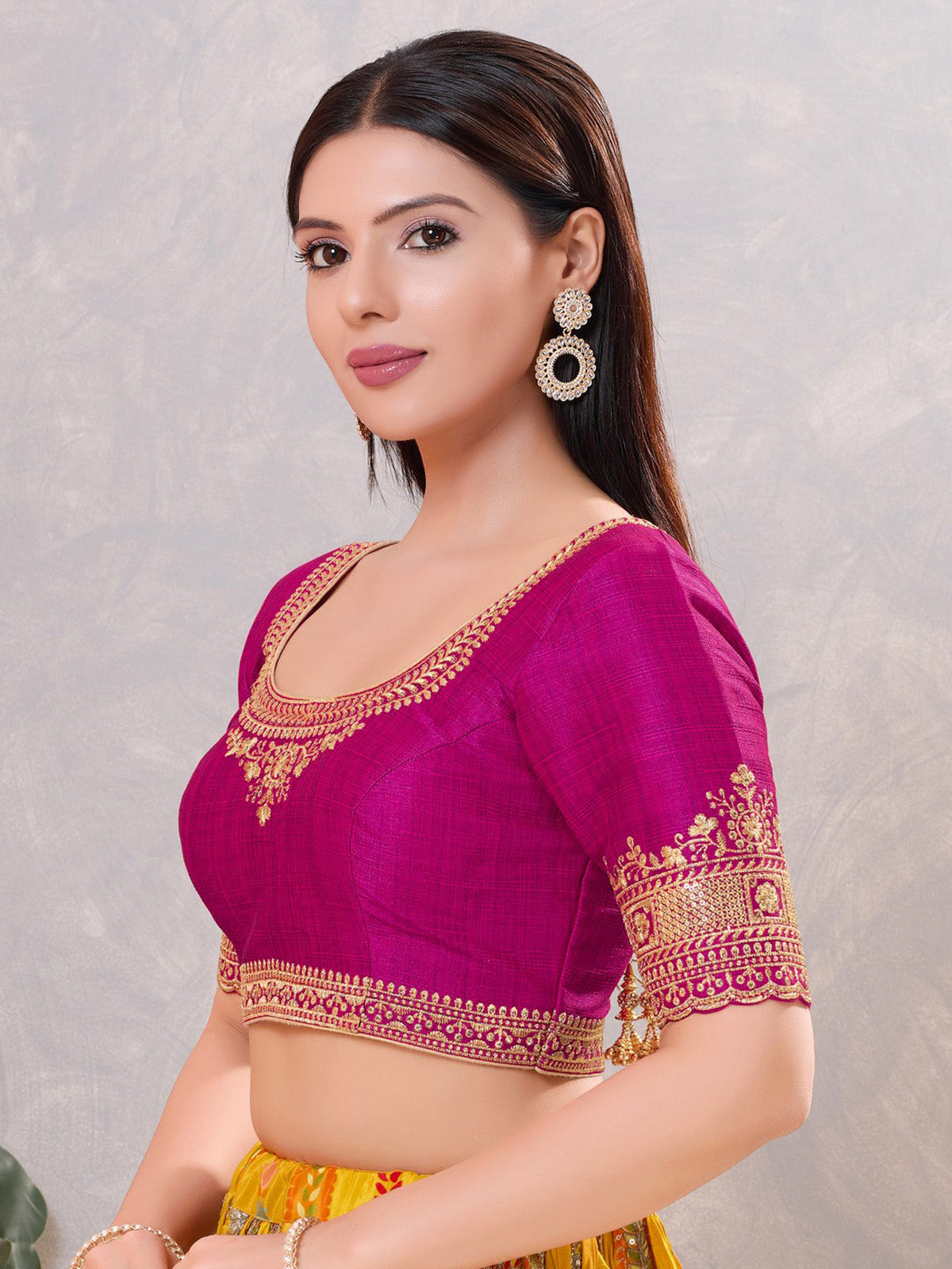 Purple silk embroidered work round neck blouse