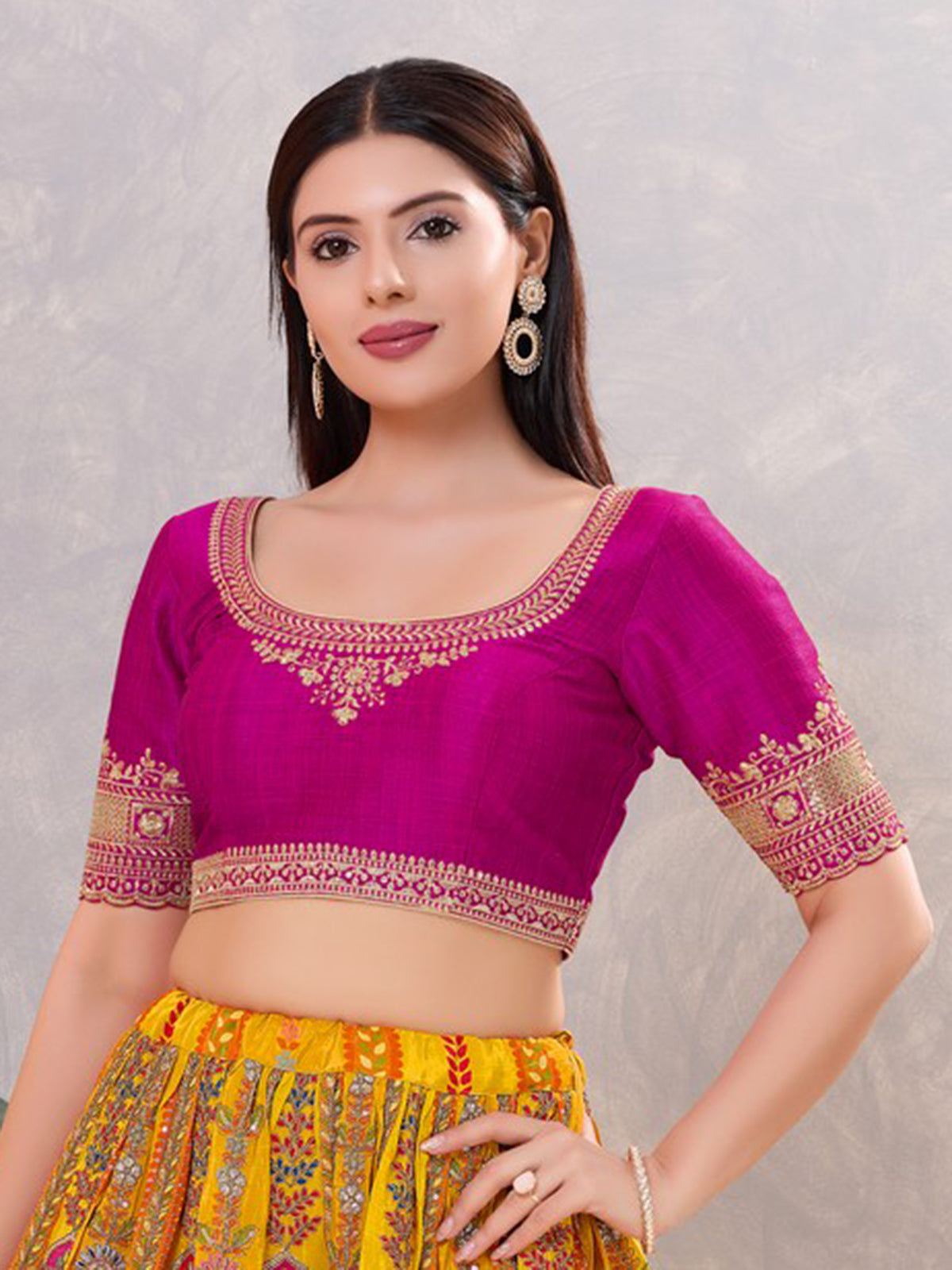 Purple silk embroidered work round neck blouse