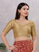 Gold silk V neck stone work blouse