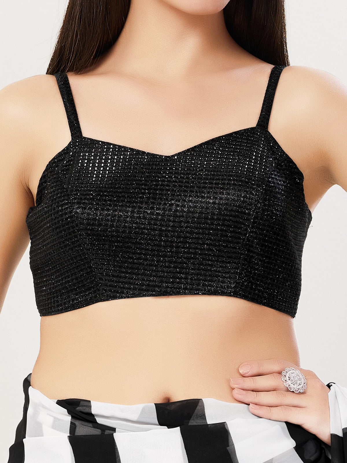 Black polyester sweetheart neck sleeveless blouse