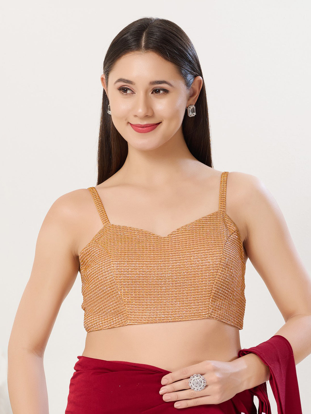 Copper gold polyester sleeveless back open blouse