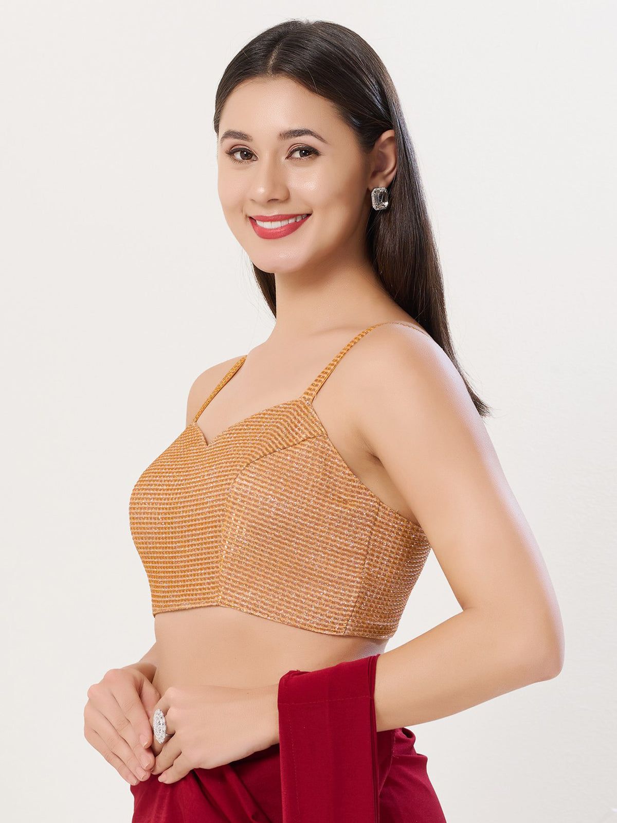 Copper gold polyester sleeveless back open blouse