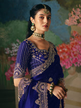 Blue chinon silk saree with heavy work blouse