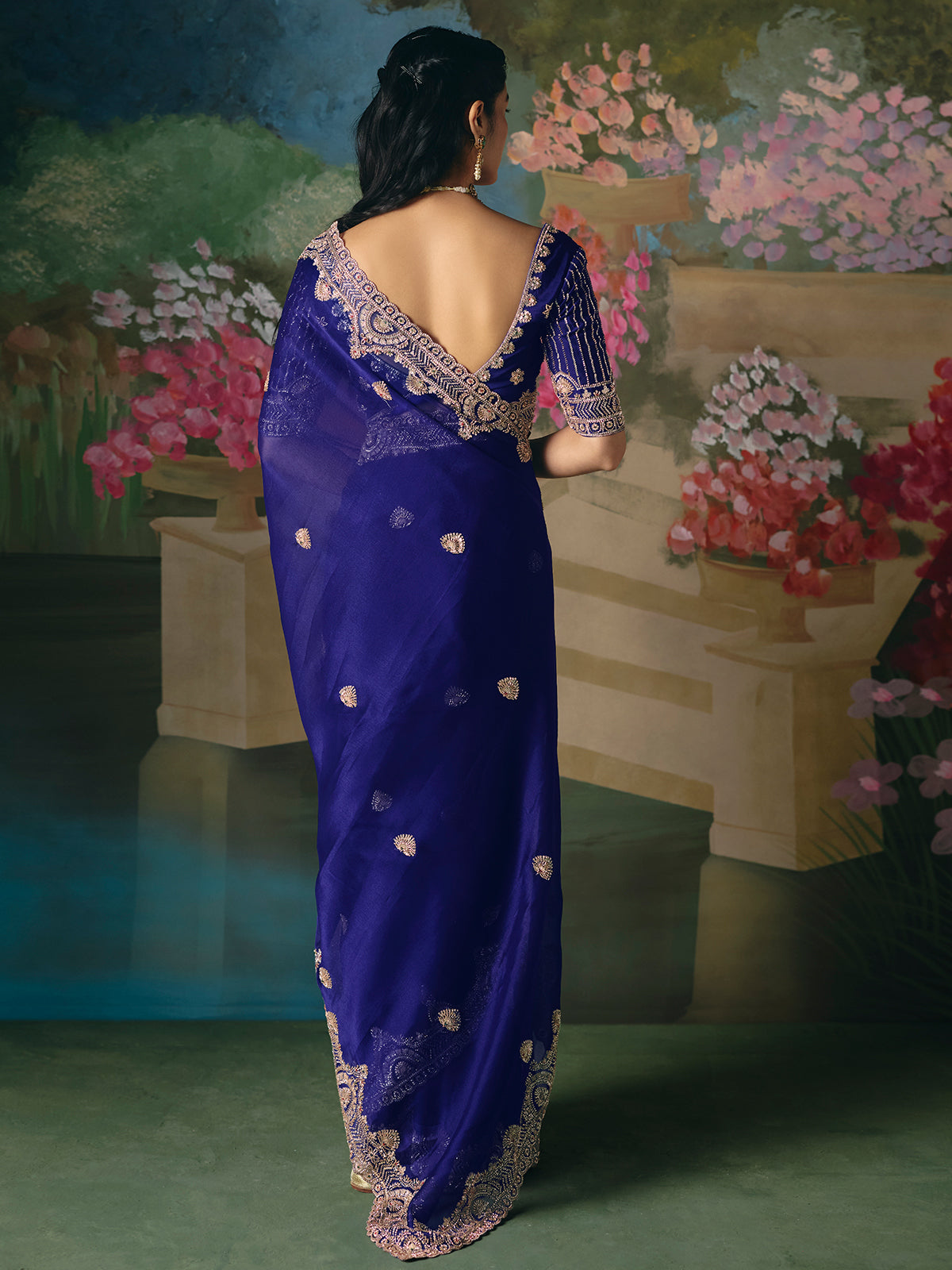 Blue chinon silk saree with heavy work blouse